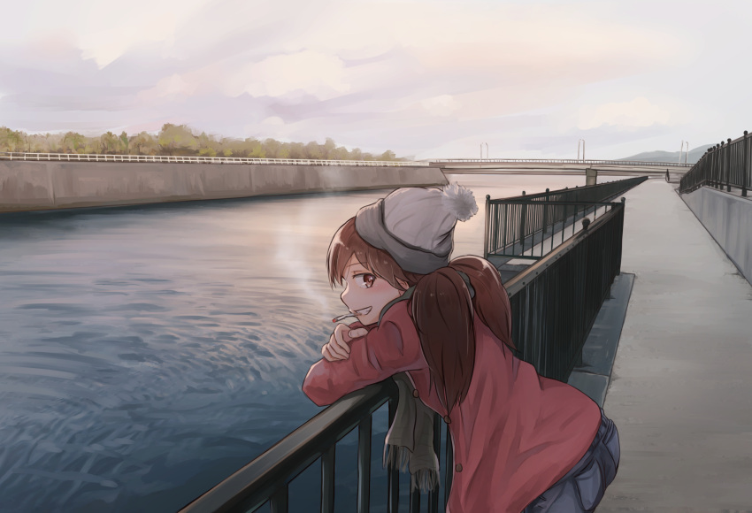 1girl alternate_costume alternate_headwear beanie bridge brown_eyes brown_hair canal cigarette clouds cloudy_sky fringe_trim green_scarf grin hat highres jacket kabayaki_namazu kantai_collection mouth_hold outdoors profile railing red_jacket ryuujou_(kantai_collection) scarf sky smile smoke smoking solo twintails water wide_shot