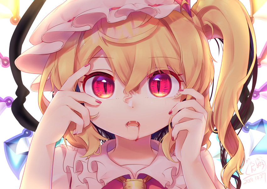 1girl absurdres blonde_hair blood blood_from_mouth commentary_request crystal fangs flandre_scarlet frilled_shirt_collar frills gunjou_row hands_up hat highres long_hair looking_at_viewer mob_cap nail_polish one_side_up open_mouth portrait puffy_short_sleeves puffy_sleeves red_eyes red_nails red_vest short_sleeves simple_background slit_pupils solo touhou vest white_background white_hat wings yellow_neckwear