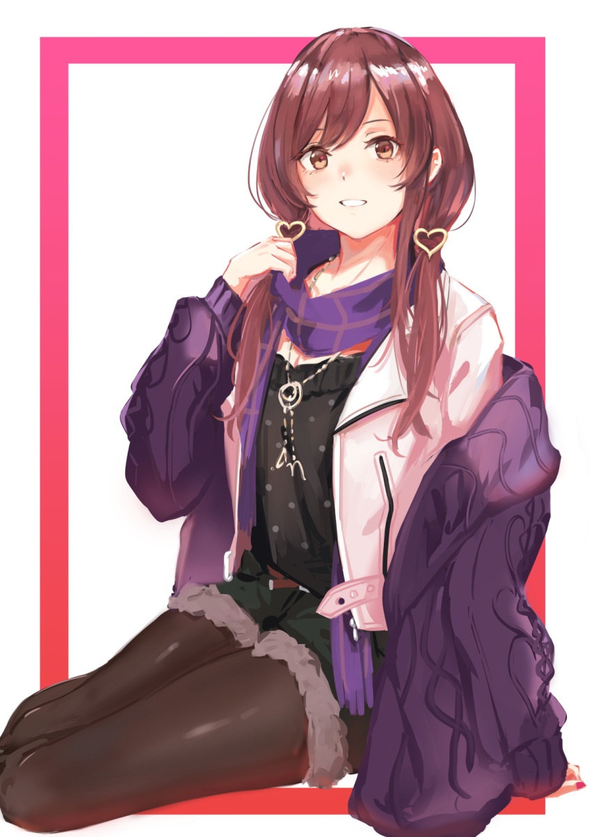 1girl arm_support bangs black_shirt black_shorts brown_eyes brown_hair brown_legwear commentary_request cutoffs grin hair_ornament hair_over_shoulder hand_up heart heart_hair_ornament highres idolmaster idolmaster_shiny_colors jacket jewelry long_hair long_sleeves looking_at_viewer low_twintails nail_polish necklace off_shoulder oosaki_amana open_clothes open_jacket pantyhose pink_nails polka_dot purple_jacket purple_scarf scarf shirt short_shorts shorts sidelocks sitting smile solo swept_bangs takagaki_eru twintails white_background yokozuwari