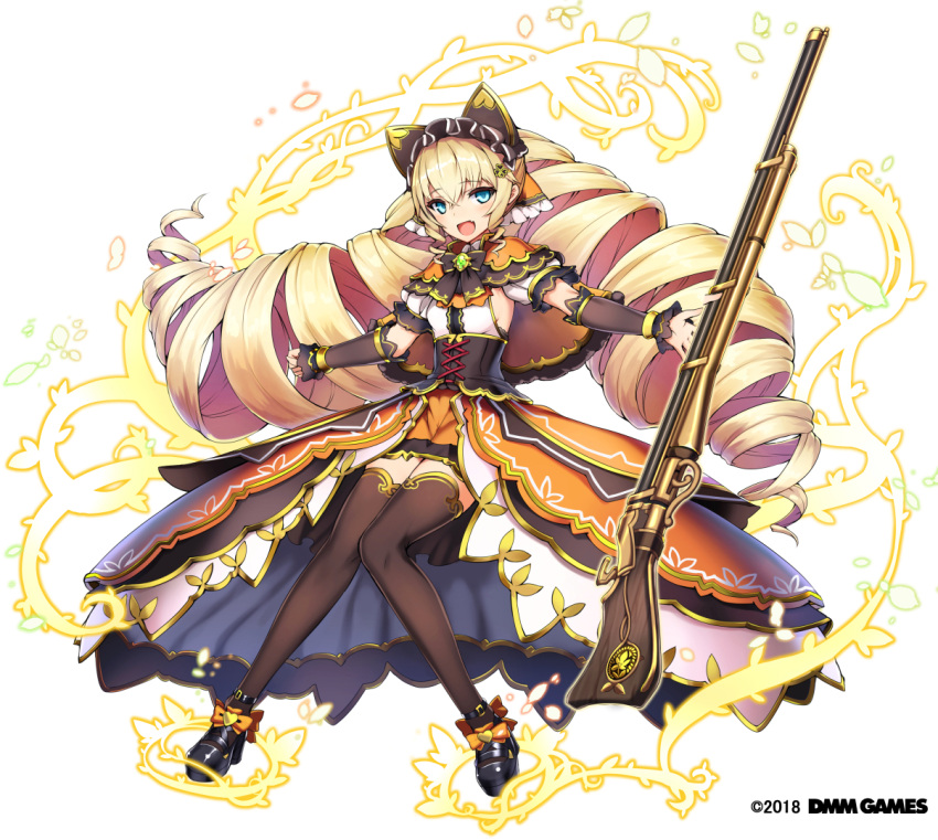 1girl 2018 :d animal_ears arm_warmers bayonet black_footwear blonde_hair blue_eyes bow breasts brown_legwear capelet clenched_hand copyright copyright_name corset dated dmm dress drill_hair full_body gemini_seed gun hair_ornament holding looking_at_viewer official_art open_mouth orange_bow orange_capelet orange_dress sessue shoes small_breasts smile standing thigh-highs twin_drills weapon white_background