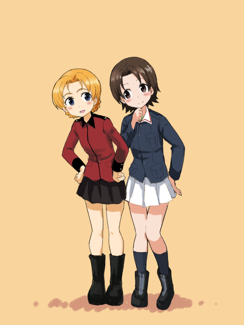2girls absurdres bangs black_bow black_footwear black_legwear black_skirt blue_eyes blue_jacket boots bow braid brown_eyes brown_hair closed_mouth epaulettes girls_und_panzer green_shirt hair_bow hand_on_hip hand_on_own_chin hands_on_hips highres jacket leaning_to_the_side light_blush long_sleeves looking_at_another military military_uniform miniskirt multiple_girls ooarai_military_uniform open_mouth orange_background orange_hair orange_pekoe parted_bangs pleated_skirt red_jacket sawa_azusa shirt short_hair side-by-side simple_background skirt smile socks st._gloriana's_military_uniform standing tied_hair twin_braids uniform white_skirt yabai_gorilla zipper