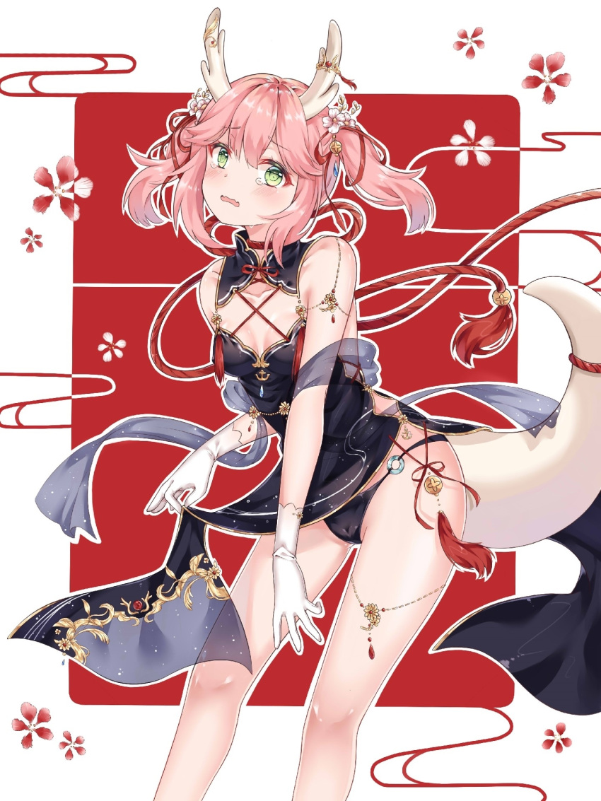 1girl azur_lane bare_legs bare_shoulders black_panties blush breasts cleavage cowboy_shot detached_collar dragon_horns dragon_tail dress dress_lift embarrassed eyebrows_visible_through_hair fang flower gloves green_eyes hair_ornament hair_ribbon highres horns medium_hair o-ring o-ring_bottom o-ring_panties open_mouth panties pantyshot pantyshot_(standing) patterned_background pelvic_curtain pelvic_curtain_lift pink_hair ribbon ryuujou_(azur_lane) sash sleeveless small_breasts solo standing tail tassel tears twintails underwear wavy_mouth white_gloves yozora_(33968397)