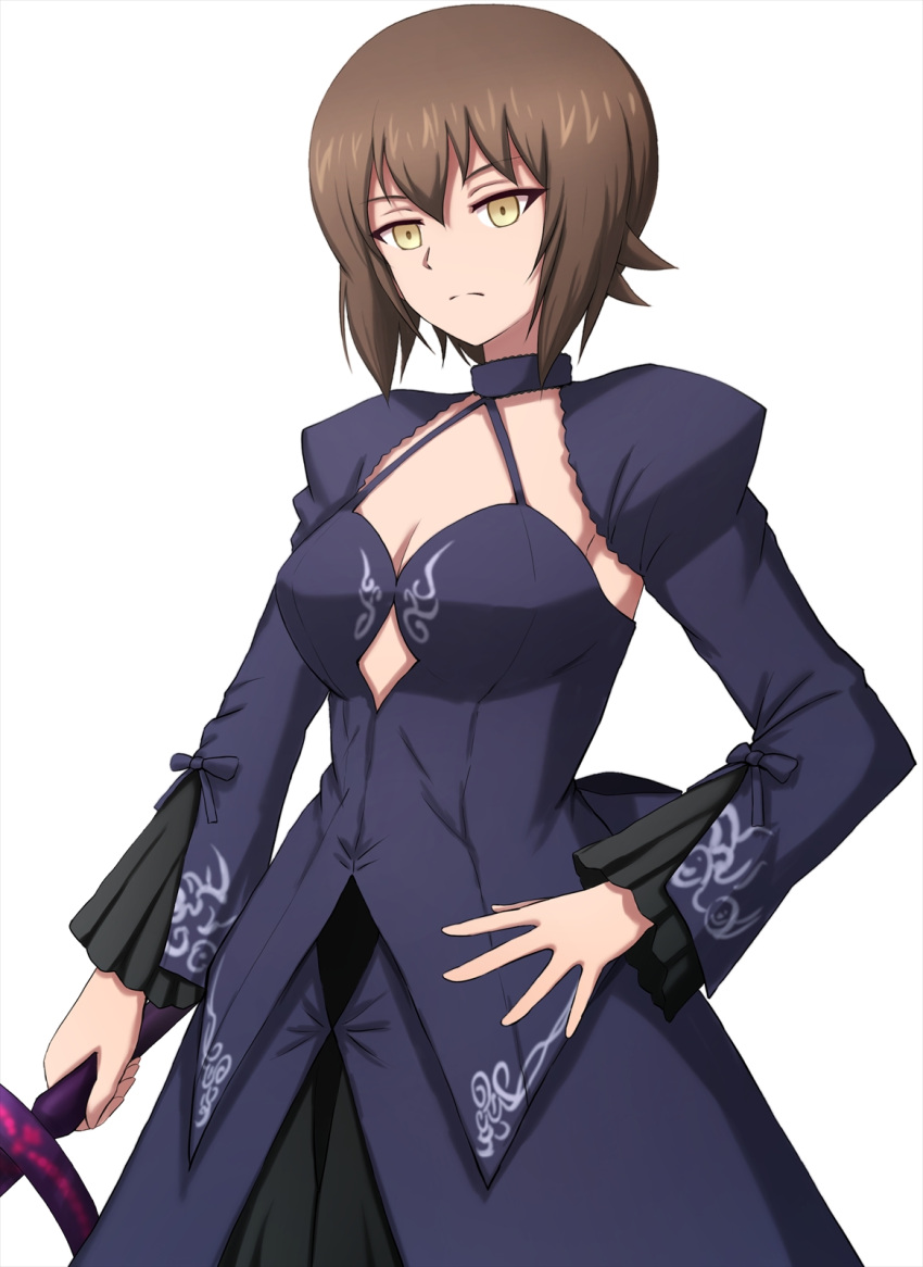 1girl armor armored_dress artoria_pendragon_(all) bangs black_dress breasts brown_eyes brown_hair cleavage closed_mouth commentary cosplay cowboy_shot dark_excalibur dress empty_eyes fate/grand_order fate/stay_night fate_(series) frown girls_und_panzer hand_on_hip highres holding holding_sword holding_weapon juliet_sleeves long_dress long_sleeves looking_at_viewer medium_breasts nishizumi_maho omachi_(slabco) puffy_sleeves saber_alter saber_alter_(cosplay) short_hair shrug_(clothing) simple_background solo standing sword weapon white_background