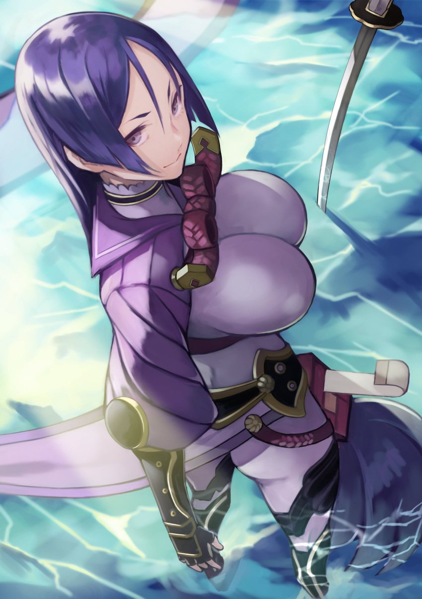 1girl absurdres armor bracer breasts fate/grand_order fate_(series) fingerless_gloves from_above gloves high_collar highres hip_armor katana large_breasts leg_armor minamoto_no_raikou_(fate/grand_order) pelvic_curtain puffy_sleeves purple_hair sailor_collar smile solo standing sword violet_eyes water weapon yoshi55level