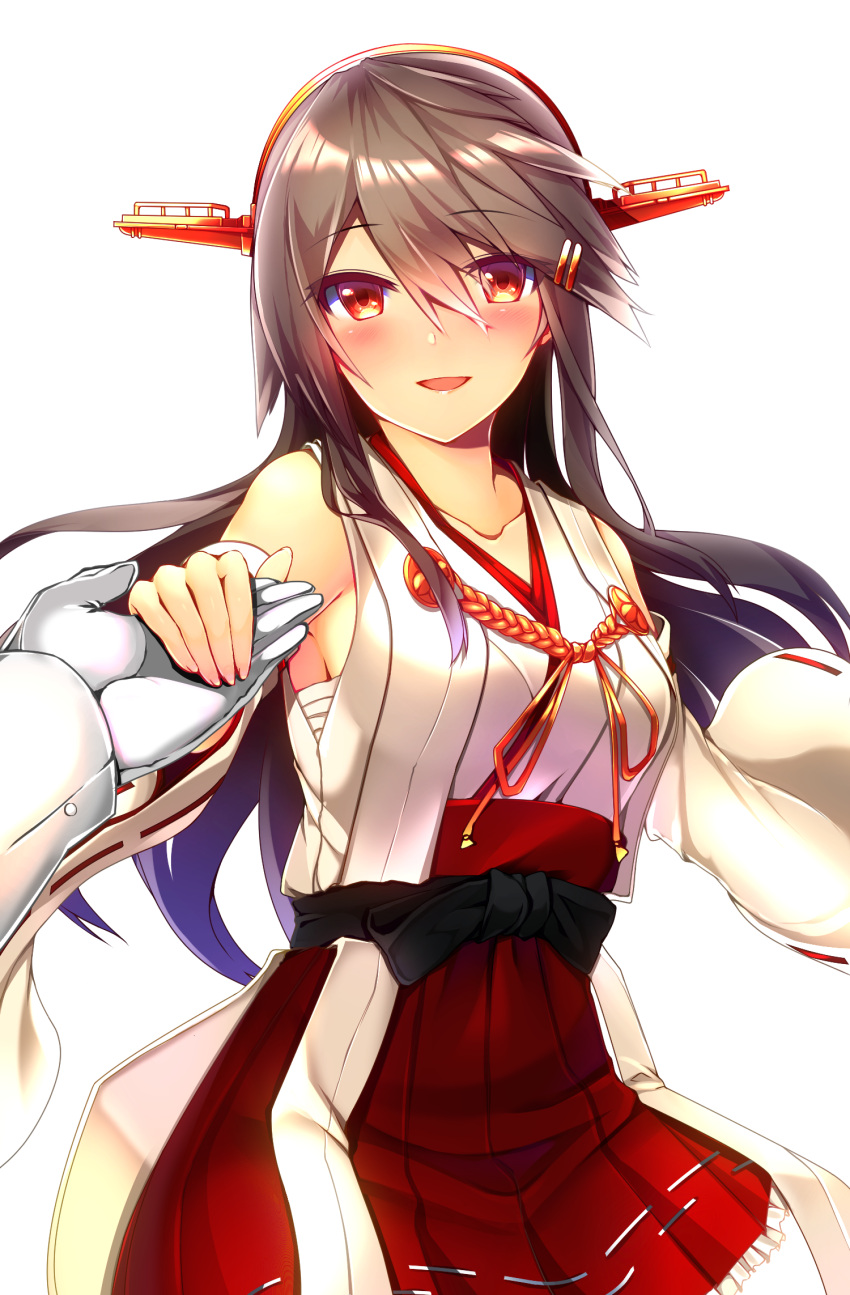 1boy 1girl aiguillette bangs bare_shoulders blush breasts brown_hair collarbone detached_sleeves eyebrows_visible_through_hair hair_ornament hairband hairclip hand_holding haruna_(kantai_collection) headgear highres japanese_clothes kantai_collection long_hair looking_at_viewer medium_breasts nontraditional_miko open_mouth red_eyes remodel_(kantai_collection) sidelocks simple_background skirt smile tsukui_kachou white_background