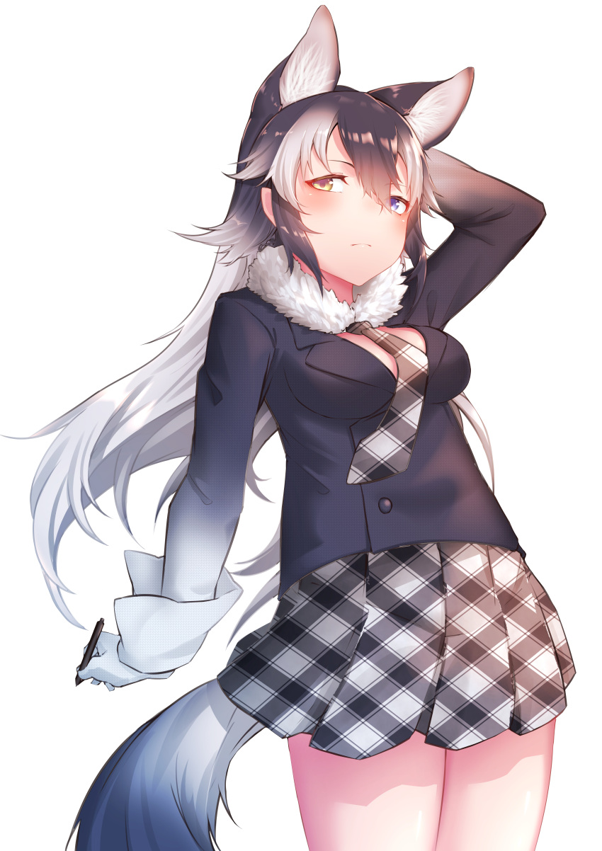 1girl absurdres animal_ears blue_eyes blush breasts extra_ears fur_collar gloves grey_wolf_(kemono_friends) hand_in_hair heterochromia highres kemono_friends looking_at_viewer looking_down medium_breasts multicolored_hair necktie pencil plaid_neckwear simple_background solo st.takuma tail two-tone_hair white_background white_gloves wolf_ears wolf_girl wolf_tail yellow_eyes