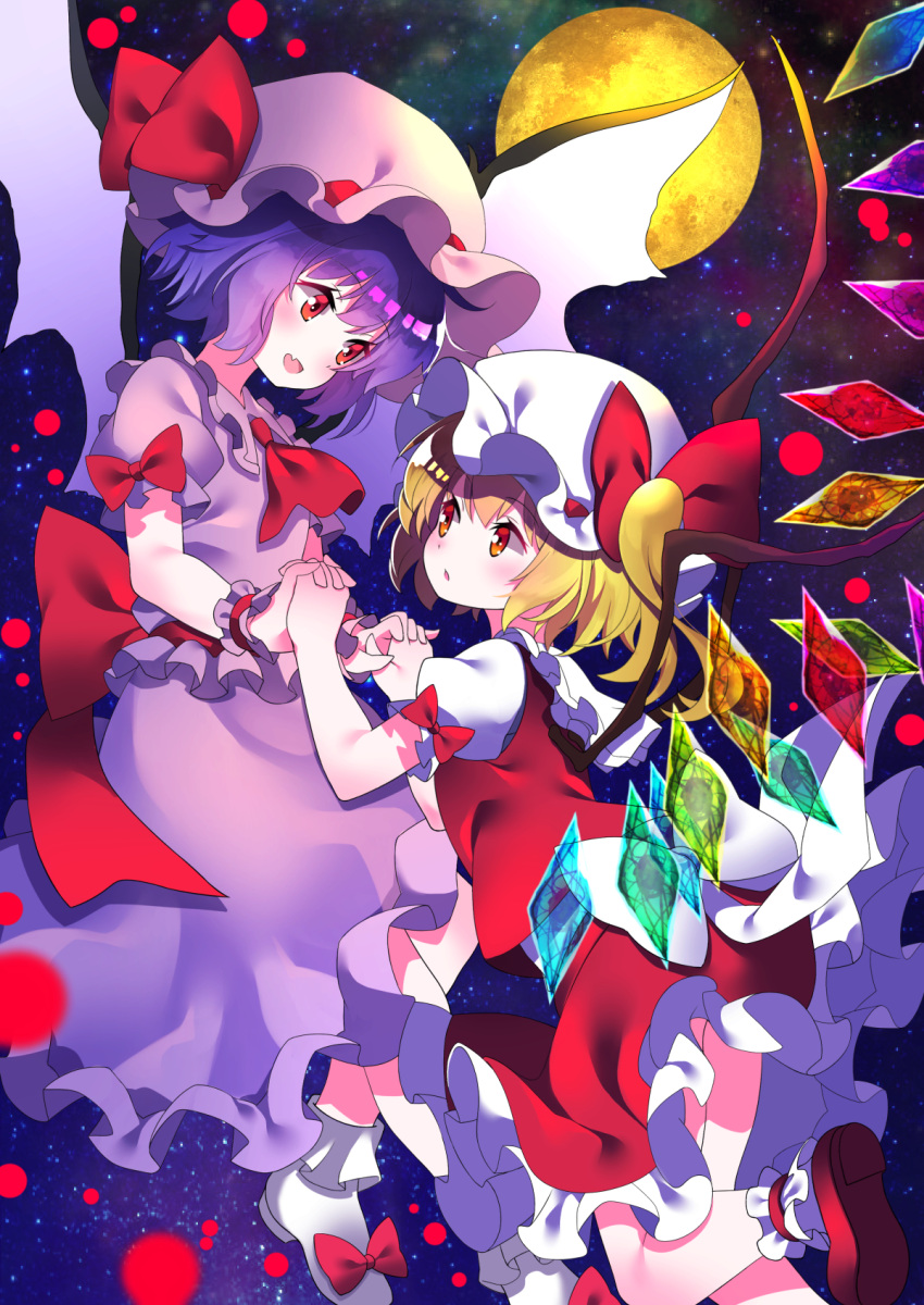 2girls ankle_cuffs ascot bat_wings blonde_hair bow dress eyebrows_visible_through_hair fang flandre_scarlet flying frilled_skirt frills full_moon hand_holding hat hat_ribbon highres looking_at_another mob_cap moon multiple_girls night night_sky open_mouth orange_eyes purple_hair red_eyes red_footwear remilia_scarlet ribbon shirt shoes siblings sisters skirt skirt_set sky socks star_(sky) starry_sky touhou vest white_footwear wings wrist_cuffs yuujin_(mhhnp306)