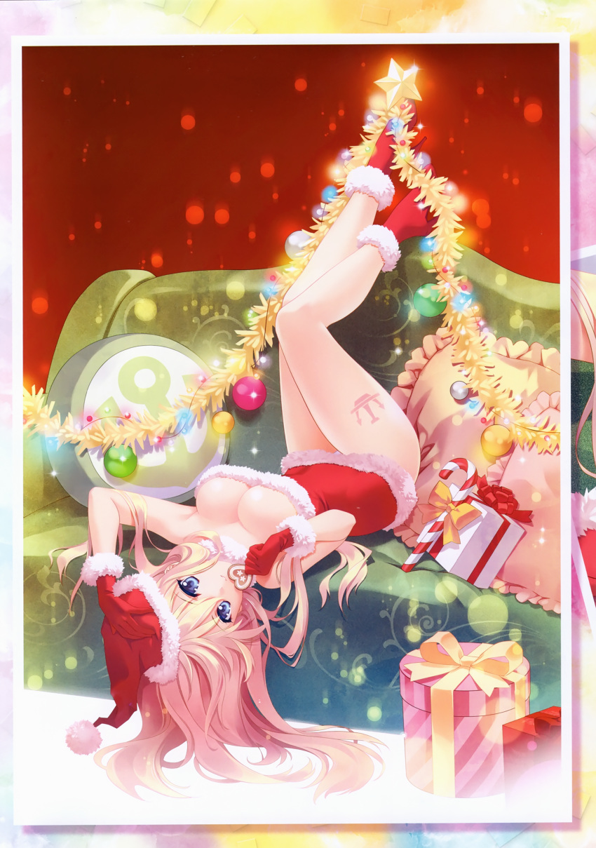 1girl absurdres bismarck_(kantai_collection) blonde_hair blue_eyes bow breasts candy candy_cane carnelian christmas cleavage cookie couch dress food gift gloves hat highres kantai_collection large_breasts legs looking_at_viewer pillow santa_costume santa_gloves santa_hat scan solo tattoo