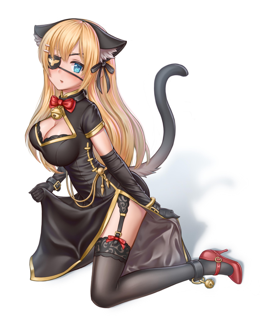 1girl absurdres alternate_costume animal_ears aquamarine_(pixiv2077446) bangle bangs bell bell_collar black_dress black_gloves black_legwear blonde_hair blue_eyes blush bow bracelet breasts cat_ears cat_girl cat_tail china_dress chinese_clothes cleavage cleavage_cutout collar dress dress_lift elbow_gloves eyepatch gloves hair_ornament hairclip high_heels highres jewelry jingle_bell kneeling large_breasts long_hair open_mouth red_bow red_footwear saratoga_(warship_girls_r) shoes side_slit solo tail thigh-highs very_long_hair warship_girls_r