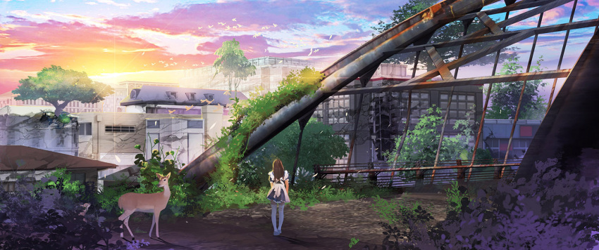 1girl apron bird brown_hair building city clouds commentary deer from_behind jongmin lens_flare long_hair maid maid_apron nature original plant post-apocalypse ruins scenery sky solo sunlight sunset thigh-highs tree vines white_legwear