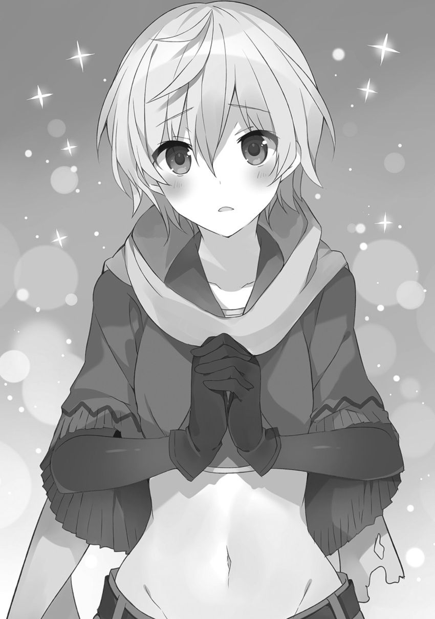 1girl blush chris_(konosuba) collarbone crop_top eyebrows_visible_through_hair gloves gradient gradient_background greyscale hair_between_eyes hands_clasped hands_together highres interlocked_fingers kono_subarashii_sekai_ni_shukufuku_wo! long_sleeves looking_at_viewer midriff mishima_kurone monochrome navel novel_illustration official_art open_mouth own_hands_together short_hair solo stomach
