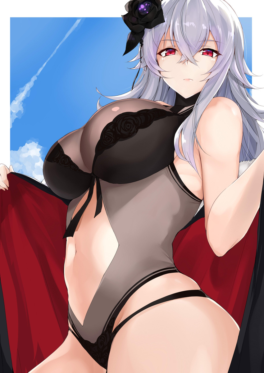 1girl absurdres azur_lane black_swimsuit breasts cleavage clouds day flower flower_ornament from_below frown graf_zeppelin_(azur_lane) hair_flower hair_ornament highres large_breasts long_hair looking_at_viewer looking_down maruya1006 midriff navel navel_cutout one-piece_swimsuit outdoors red_eyes serious shiny shiny_hair silver_hair skindentation sky solo stomach swimsuit towel