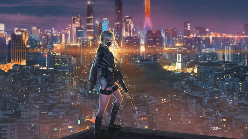 1girl an-94 an-94_(girls_frontline) assault_rifle bangs blonde_hair blue_eyes boots breasts city_lights cityscape cloak eyebrows_visible_through_hair gas_mask girls_frontline gloves gun hairband headset highres holding holding_gun holding_weapon jacket knee_boots long_hair long_sleeves looking_at_viewer night rifle rooftop scenery shorts sidelocks signature silver_hair thigh_strap wayne_chan weapon