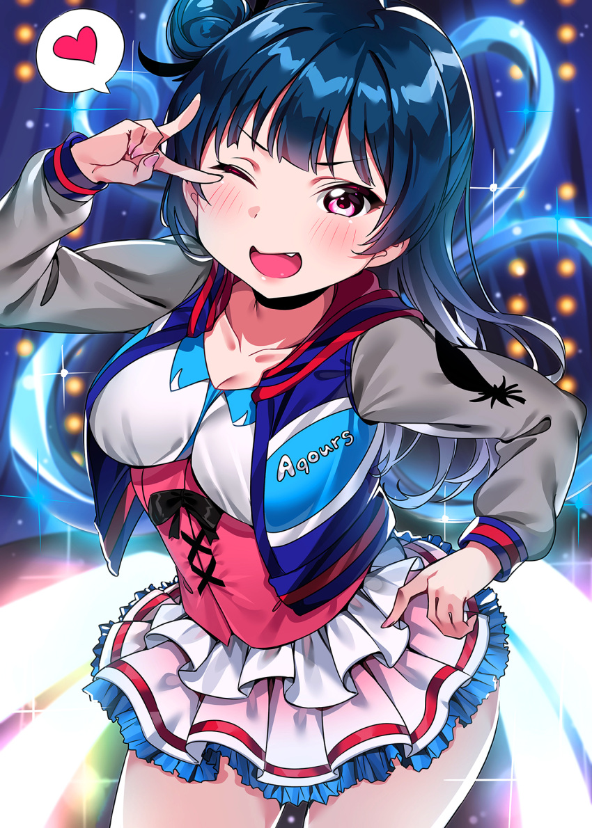 1girl ;d bangs black_choker blue_hair blush breasts choker cleavage clothes_writing collarbone cowboy_shot fang hand_up heart highres jacket layered_skirt legs_apart long_hair long_sleeves looking_at_viewer love_live! love_live!_sunshine!! medium_breasts miniskirt nail_polish one_eye_closed open_clothes open_jacket open_mouth pink_eyes pink_nails shirt side_bun sidelocks skirt smile solo spoken_heart standing tem10 tsushima_yoshiko underbust v v-shaped_eyebrows white_shirt white_skirt