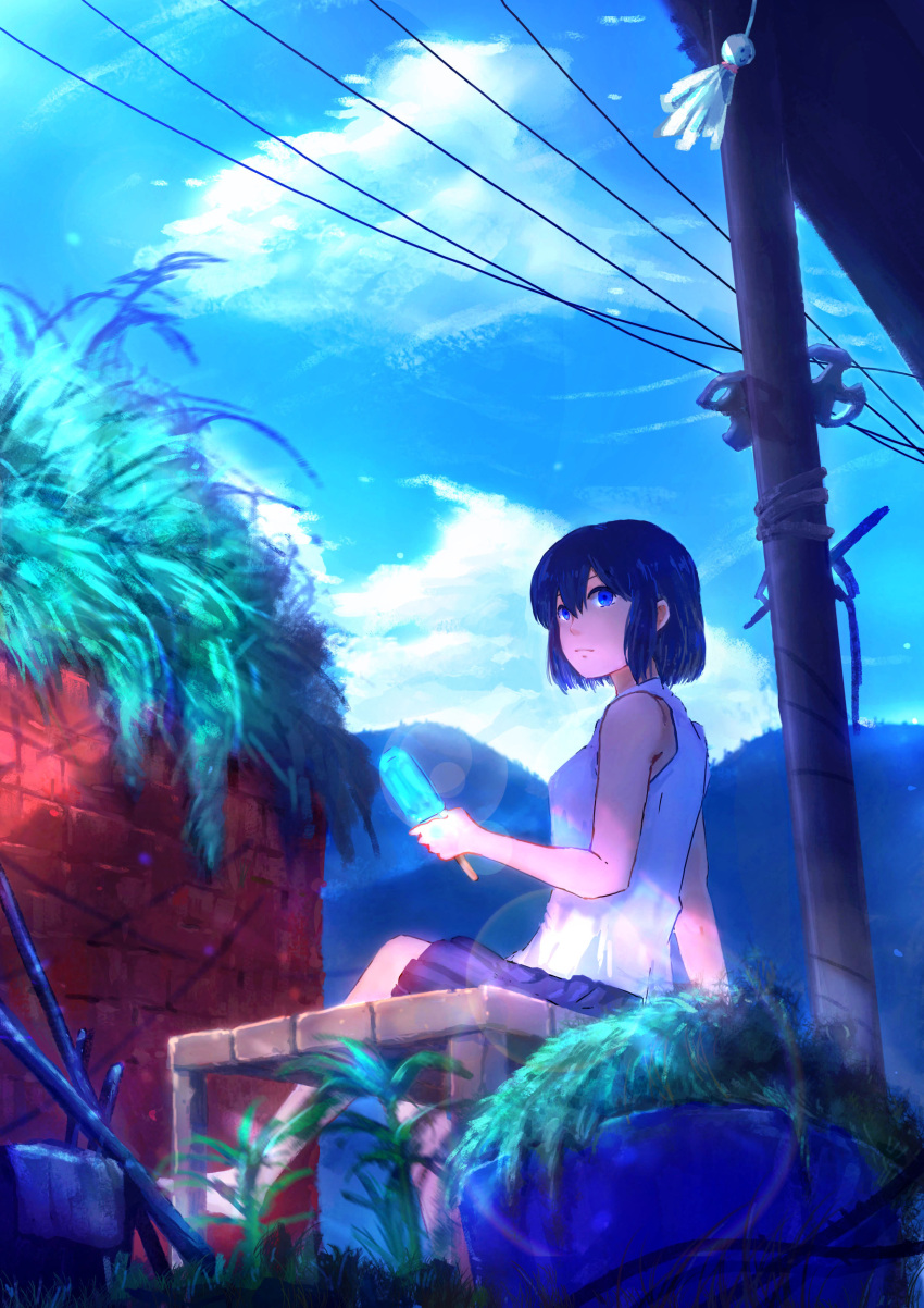 1girl absurdres barefoot bench black_hair blue_eyes blue_skirt blue_sky clouds day food grass hair_between_eyes highres max07817 original outdoors plant popsicle potted_plant power_lines scenery shirt short_hair sidelocks sitting skirt sky sleeveless sleeveless_shirt stick summer teruterubouzu wall white_shirt