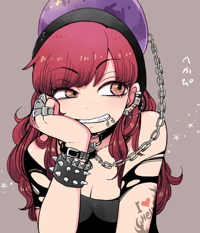 1girl arm_tattoo bare_shoulders belt belt_bracelet black_belt black_choker black_shirt bracelet breasts chains chin_rest choker cleavage clenched_teeth collarbone commentary_request ear_piercing freckles grey_background hand_up hecatia_lapislazuli highres jewelry long_hair looking_to_the_side mashuu_masaki medium_breasts off-shoulder_shirt off_shoulder piercing polos_crown red_eyes redhead ring shirt short_sleeves simple_background solo spiked_bracelet spikes star tattoo teeth torn_clothes torn_sleeves touhou translation_request upper_body