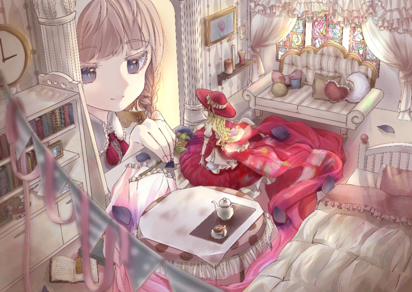 1girl bed blonde_hair blurry_foreground book bookmark bookshelf braid brown_hair candle couch curtains doll doll_house dress flower grey_eyes hat indoors kinuko461 nail_polish open_book original painting_(object) petals picture_(object) pillow pink_nails red_dress red_hat sitting stained_glass string_of_flags table teapot