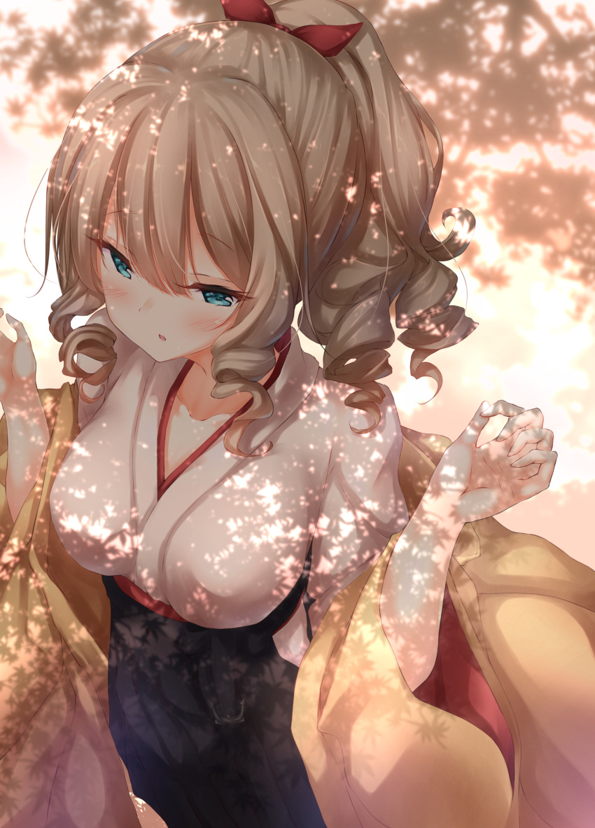 1girl absurdres blue_eyes blush bow breasts brown_hair drill_hair hair_between_eyes hair_bow hair_ornament hakama hakama_skirt hatakaze_(kantai_collection) highres japanese_clothes kantai_collection kimono large_breasts light_brown_hair long_hair looking_at_viewer meiji_schoolgirl_uniform numpopo open_mouth ponytail ribbon short_hair solo yellow_kimono