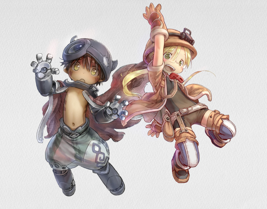 1boy 1girl blonde_hair blush brown_gloves brown_hair eyebrows_visible_through_hair glasses gloves green_eyes helmet looking_at_viewer made_in_abyss navel official_art open_mouth pith_helmet regu_(made_in_abyss) riko_(made_in_abyss) short_hair smile teeth tsukushi_akihito twintails whistle whistle_around_neck yellow_eyes