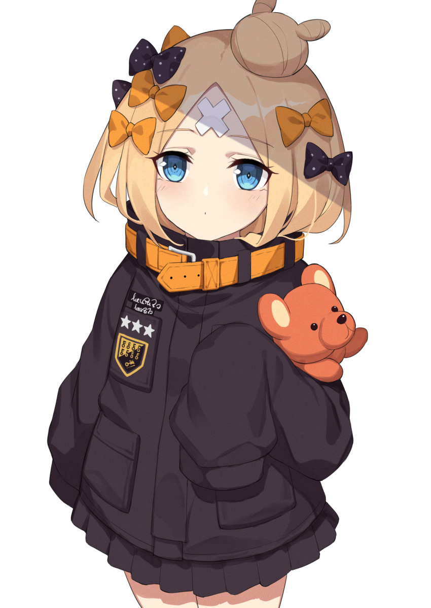 1girl abigail_williams_(fate/grand_order) bandaid bandaid_on_face bangs black_bow black_jacket black_skirt blonde_hair blue_eyes blush bow closed_mouth commentary_request cowboy_shot doll fate/grand_order fate_(series) hair_bow hair_bun highres holding holding_doll hongchajun jacket long_hair long_sleeves looking_at_viewer miniskirt orange_bow parted_bangs pleated_skirt polka_dot polka_dot_bow simple_background skirt sleeves_past_fingers sleeves_past_wrists solo standing star star_print stuffed_animal stuffed_toy teddy_bear white_background