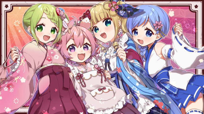 4girls :d apron bangs blonde_hair blue_eyes blue_hair blue_kimono blue_skirt blunt_bangs blush bow braid brown_hakama commentary_request detached_sleeves eyebrows_visible_through_hair floral_print flower green_eyes green_hair hair_between_eyes hair_bow hair_flower hair_ornament hakama japanese_clothes kimono long_sleeves looking_at_viewer mononobe_alice morinaka_kazaki multiple_girls nijisanji open_mouth pinching_sleeves pink_flower pink_hair pink_kimono print_kimono red_bow ribbon-trimmed_legwear ribbon-trimmed_sleeves ribbon_trim skirt sleeves_past_wrists smile thigh-highs ushimi_ichigo violet_eyes virtual_youtuber white_apron white_kimono white_legwear white_sleeves wide_sleeves yamabukiiro yuuki_chihiro