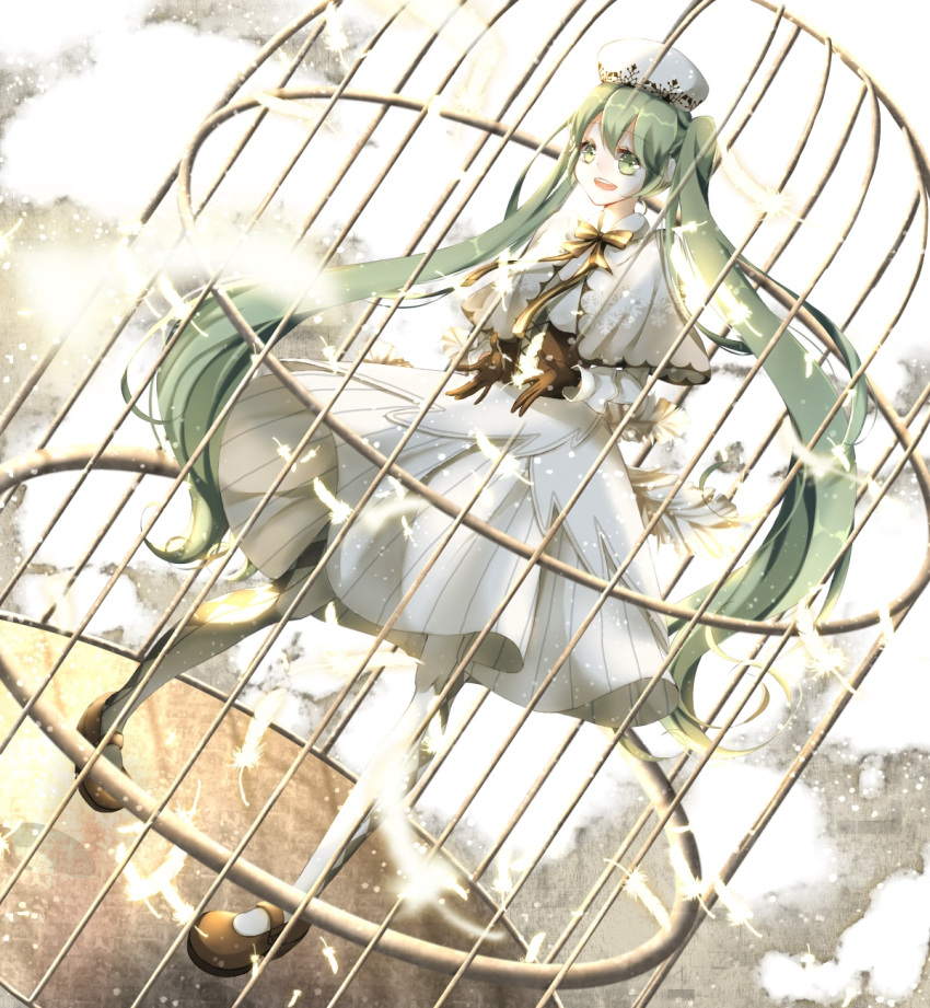 1girl :o argyle argyle_legwear bow brown_bow brown_footwear brown_gloves brown_neckwear cage dress feathers full_body gloves green_eyes green_hair hat hatsune_miku highres long_hair long_sleeves nicolestar pantyhose solo standing twintails very_long_hair vocaloid white_background white_dress white_hat white_legwear yuki_miku