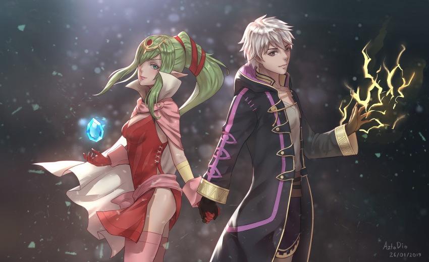 1boy 1girl azto_dio cape chiki circlet dress fire_emblem fire_emblem:_kakusei fire_emblem:_mystery_of_the_emblem fire_emblem_heroes green_eyes green_hair highres hood long_hair looking_at_viewer male_my_unit_(fire_emblem:_kakusei) mamkute my_unit_(fire_emblem:_kakusei) nintendo pink_dress pointy_ears ponytail red_dress robe short_dress short_hair side_slit strapless strapless_dress tiara white_hair