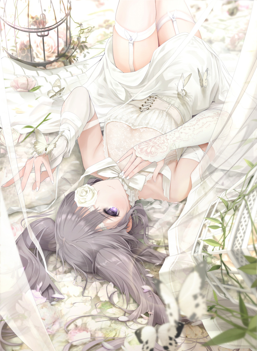1girl bangs birdcage bow bowtie breasts bridal_gauntlets bug butterfly butterfly_on_hand cage commentary_request corset curtains dress flower flower_eyepatch garter_straps giba_(out-low) grey_hair hand_on_own_chest highres idolmaster idolmaster_shiny_colors insect knee_up lace long_hair looking_at_viewer lying medium_breasts on_back petals plant ribbon rose solo thigh-highs two_side_up vines violet_eyes white_dress white_flower white_legwear white_neckwear white_rose wrist_ribbon yuukoku_kiriko