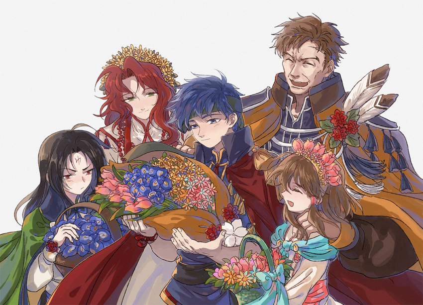 2girls 3boys basket black_hair blue_eyes blue_hair bow brother_and_sister brown_hair cape closed_eyes closed_mouth facial_mark father_and_daughter father_and_son feathers fire_emblem fire_emblem:_souen_no_kiseki fire_emblem_heroes flower flower_basket forehead_mark from_side green_eyes green_headband greil hand_on_another's_shoulder head_wreath headband ike kmkr long_hair long_sleeves mist_(fire_emblem) multiple_boys multiple_girls nintendo open_mouth red_eyes redhead short_hair siblings simple_background smile soren tiamat_(fire_emblem) white_background