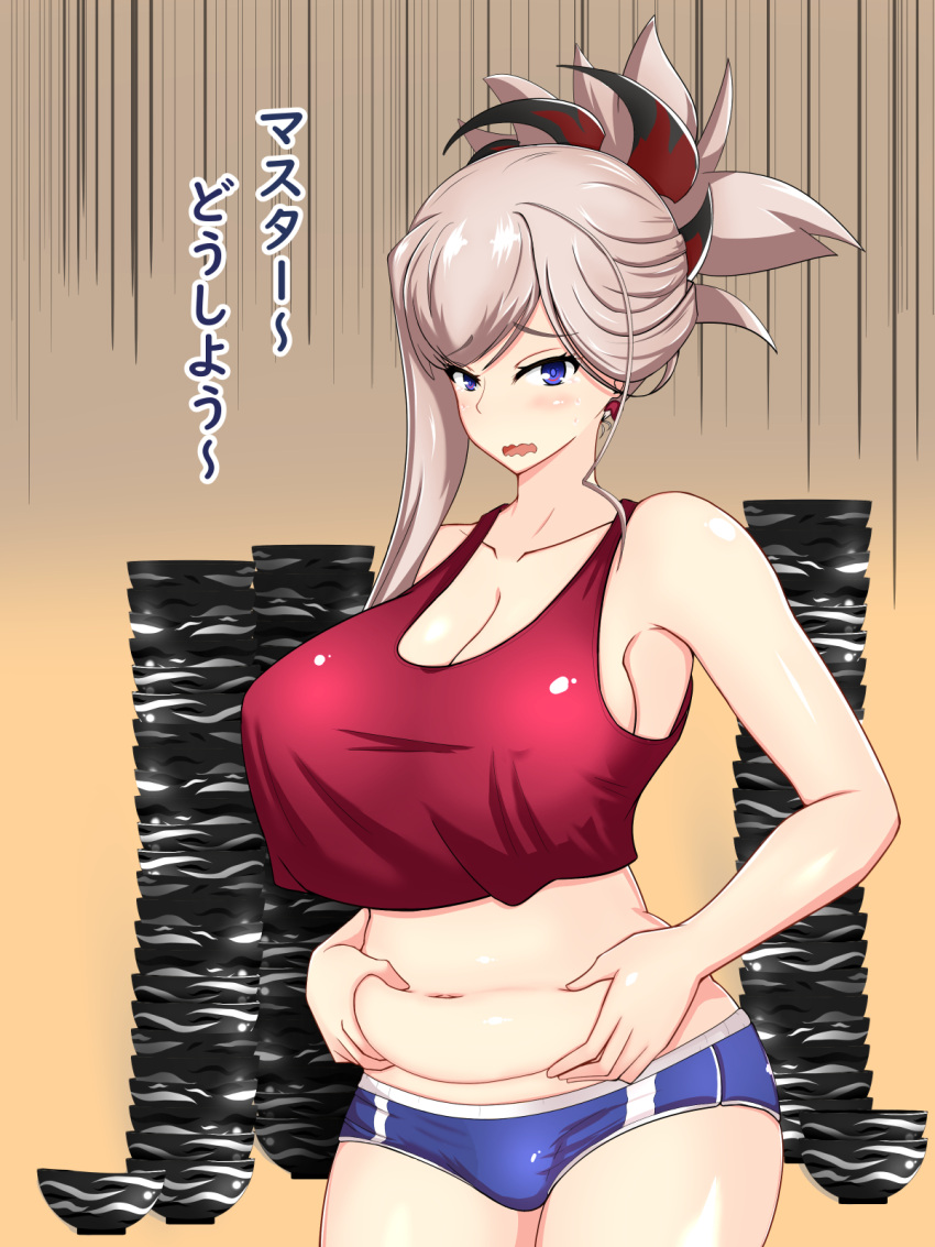 1girl asymmetrical_hair bare_shoulders belly belly_grab blonde_hair blue_eyes blush bowl breasts cleavage curvy earrings fat fate_(series) from_side glutton hair_ornament halter_top halterneck highres huge_breasts jewelry looking_to_the_side magatama miyamoto_musashi_(fate/grand_order) navel open_mouth plump ponytail profile red_shirt shirt translation_request underwear wavy_mouth weight_conscious wl-cmt