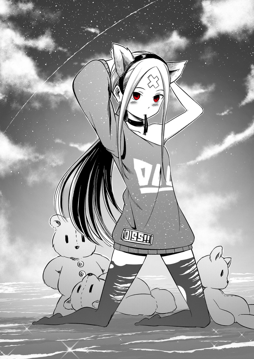 1girl abigail_williams_(fate/grand_order) animal_ears bangs blush choker clouds cloudy_sky crossed_bandaids fate/grand_order fate_(series) greyscale headband highres long_hair monochrome mouth_hold partially_colored ponytail red_eyes ribbon ribbon_in_mouth rubyling92 sky solo star_(sky) starry_sky stuffed_animal stuffed_toy sweater teddy_bear thigh-highs torn_clothes torn_legwear tying_hair zettai_ryouiki