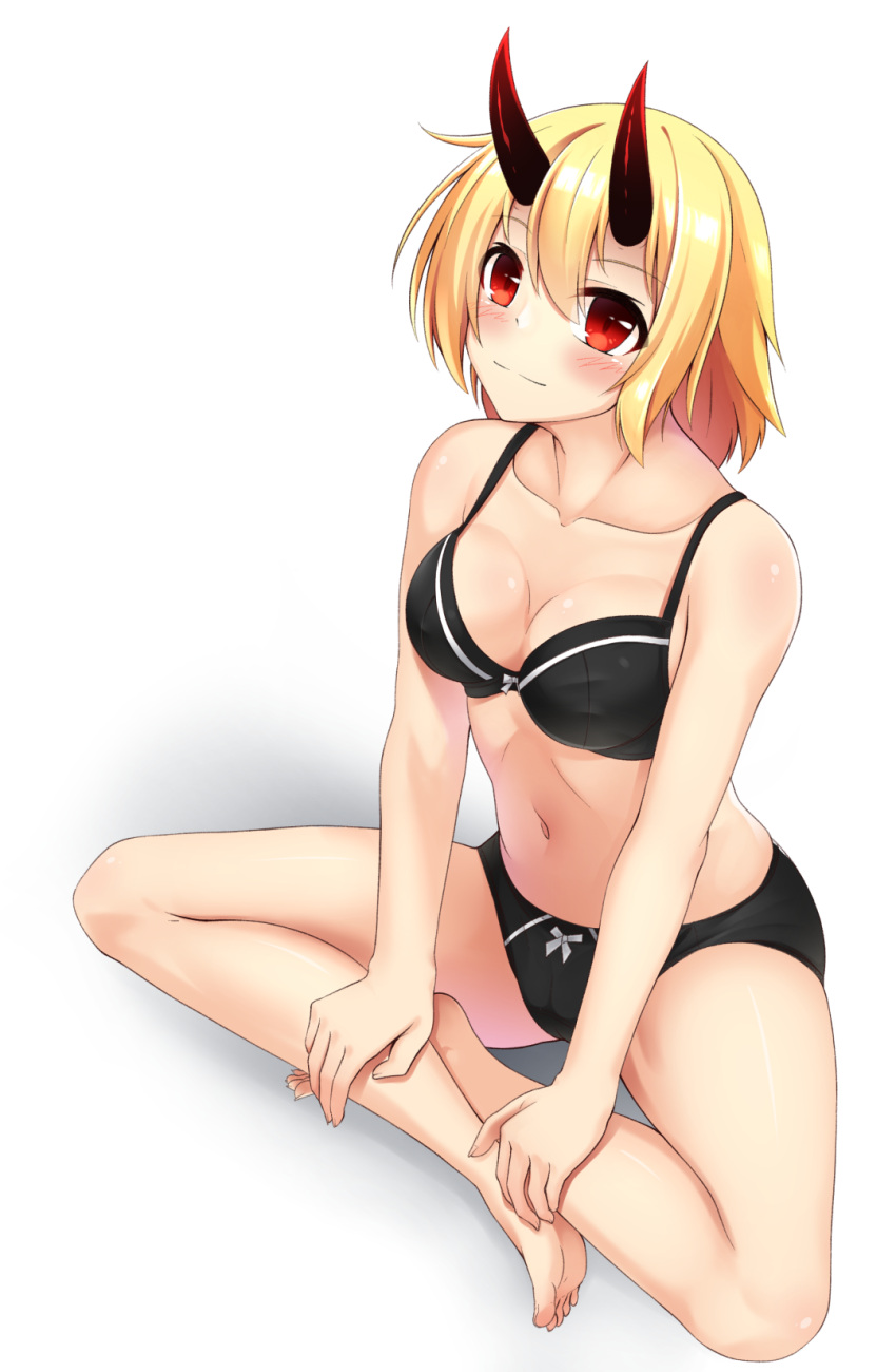 1girl bangs bare_arms bare_legs bare_shoulders barefoot black_bra blonde_hair blue_panties blush bow bow_bra bow_panties bra butterfly_sitting closed_mouth commentary_request eyebrows_visible_through_hair fingernails hair_between_eyes hands_on_legs highres horns long_hair looking_at_viewer navel original panties red_eyes shachoo. shadow sitting smile solo toenails underwear underwear_only white_background