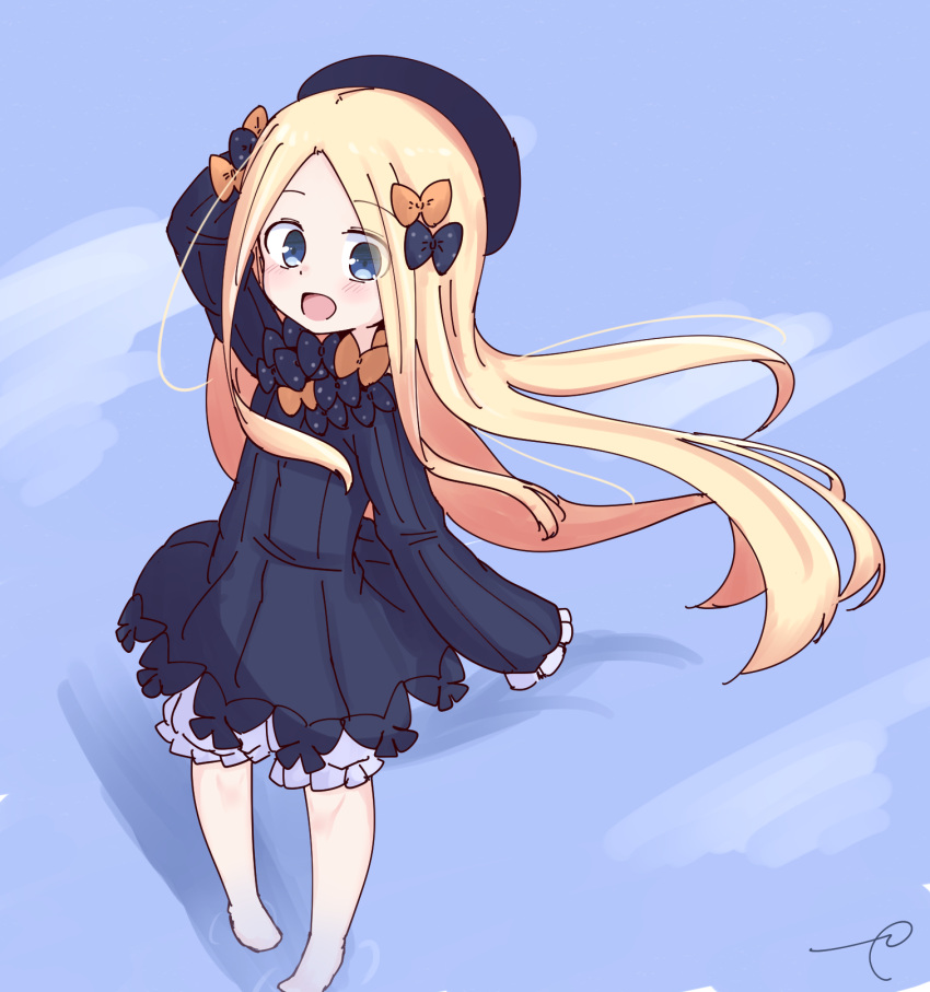 1girl :d abigail_williams_(fate/grand_order) arm_up bangs barefoot black_bow black_dress black_hat blonde_hair bloomers blue_eyes blush bow bug butterfly commentary_request dress eyebrows_visible_through_hair fate/grand_order fate_(series) forehead hair_bow hat highres insect kujou_karasuma long_hair long_sleeves open_mouth orange_bow parted_bangs polka_dot polka_dot_bow ripples signature sleeves_past_fingers sleeves_past_wrists smile solo standing underwear very_long_hair white_bloomers