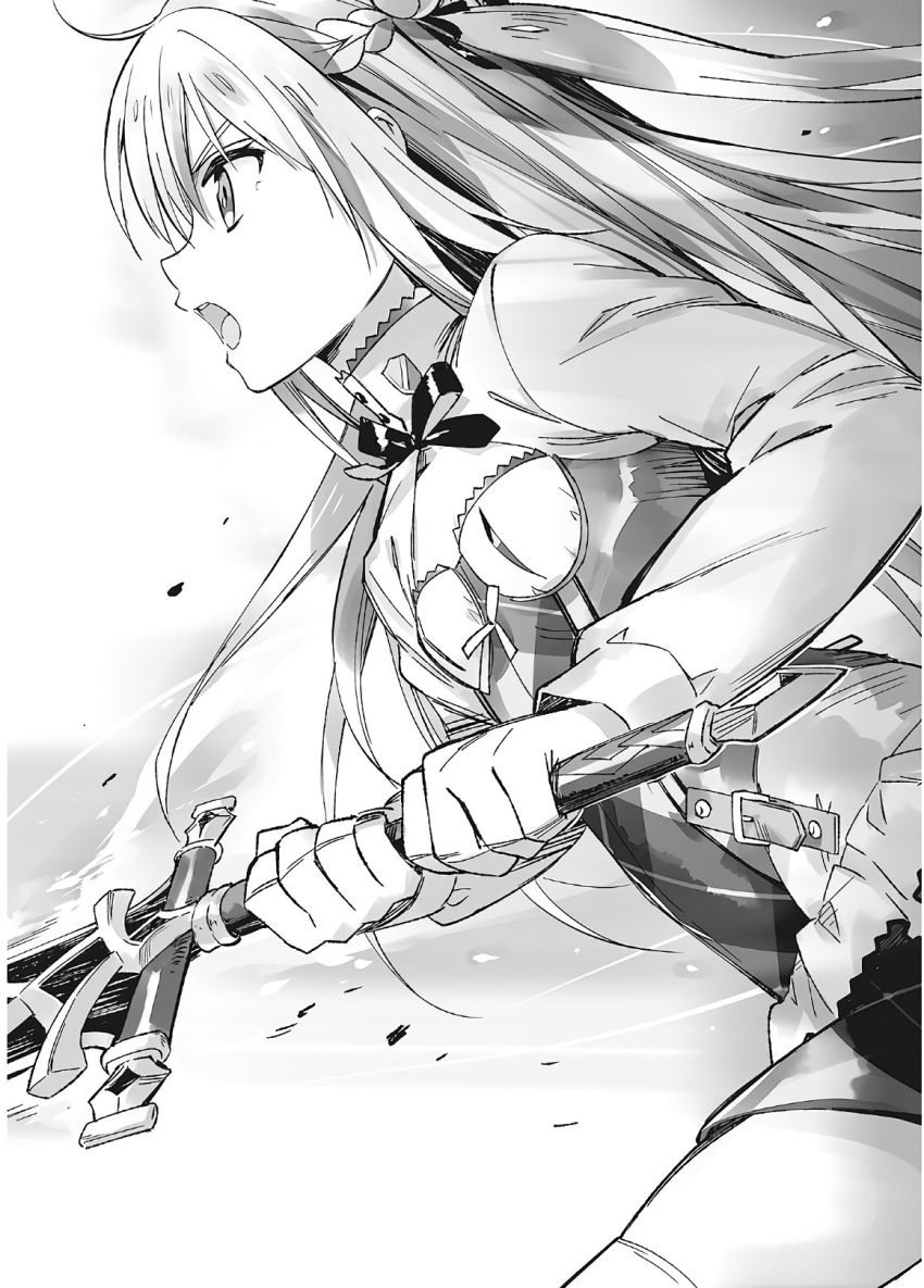 1girl assassins_pride braid breasts cleavage_cutout floating_hair from_side greyscale hair_between_eyes hair_ribbon highres holding holding_sword holding_weapon long_hair merida_angel miniskirt monochrome neck_ribbon ninomoto novel_illustration official_art open_mouth ribbon skirt small_breasts solo sword thigh-highs weapon