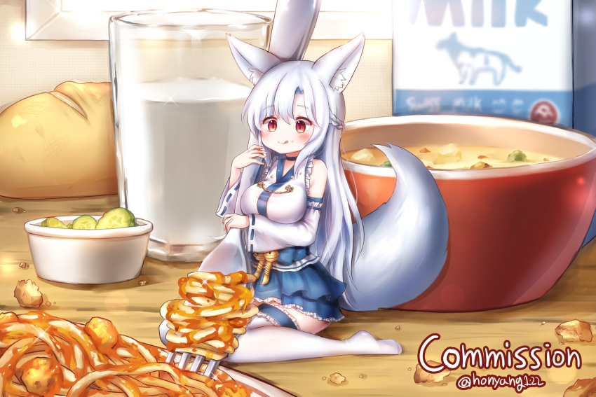 1girl animal_ears artist_name bangs blue_choker blue_skirt blush bowl braid breasts choker commentary_request commission crown_braid crumbs cucumber_slice cup detached_sleeves eyebrows_visible_through_hair food fork fox_ears fox_girl fox_tail frilled_skirt frilled_sleeves frills highres honyang indoors korean_commentary large_breasts loaf_of_bread long_hair milk_carton minigirl on_table original pasta plate red_eyes silver_hair sitting skirt smile solo soup spaghetti table tail thigh-highs tongue tongue_out twitter_username very_long_hair wariza white_legwear wide_sleeves