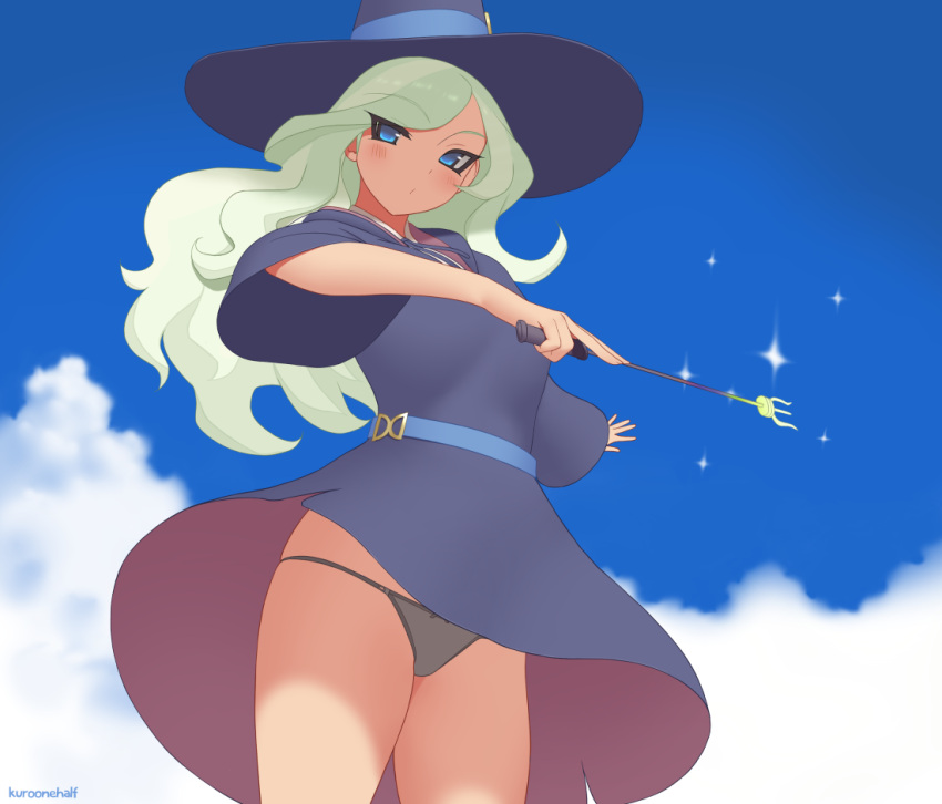1girl bangs belt black_dress black_hat black_panties blue_eyes blue_sky blush closed_mouth clouds commentary day diana_cavendish dress english_commentary green_hair hat holding holding_wand kuroonehalf little_witch_academia long_hair long_sleeves outdoors panties pantyshot pantyshot_(standing) skindentation sky solo sparkle standing swept_bangs tsurime underwear upskirt wand wavy_hair wide_sleeves witch_hat