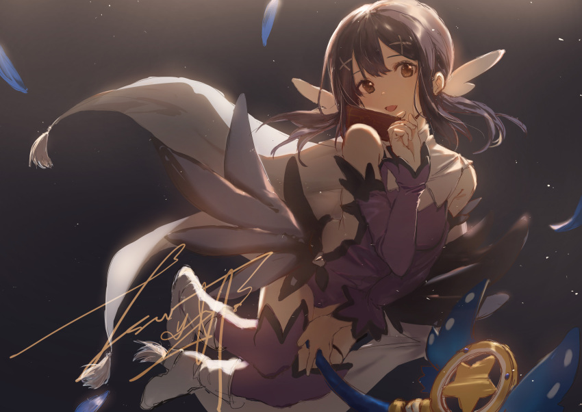 1girl bangs bare_shoulders black_hair blush boots breasts brown_eyes cape card commentary_request detached_sleeves eyebrows_visible_through_hair fate/grand_order fate/kaleid_liner_prisma_illya fate_(series) hair_between_eyes hair_ornament hair_ribbon hairclip highres holding holding_card kaleidostick leotard long_hair looking_at_viewer low_twintails magical_girl magical_sapphire miyu_edelfelt open_mouth purple_legwear ribbon sketch small_breasts smile solo thigh-highs tsuiru twintails wand