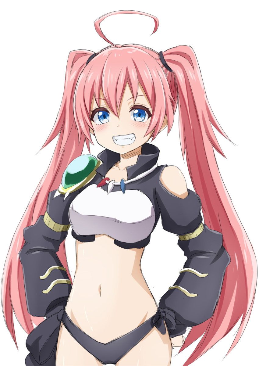 1girl :d ahoge asymmetrical_legwear black_panties blue_eyes fangs full_body hands_on_hips highres jd_(bibirijd) long_sleeves midriff milim_nava open_mouth panties pink_hair smile striped striped_legwear teeth tensei_shitara_slime_datta_ken thigh-highs underwear