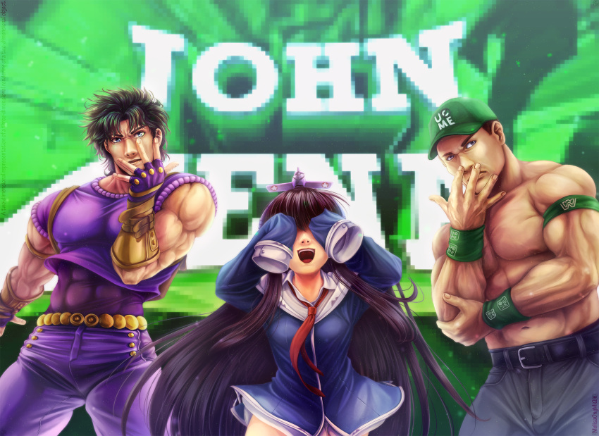 1girl 2boys abs azur_lane baseball_cap belt black_hair brown_hair commentary covering_eyes english_commentary f4f_wildcat fingerless_gloves gloves hat height_difference highres john_cena jojo_no_kimyou_na_bouken jojo_pose jonathan_joestar long_hair long_island_(azur_lane) melisaongmiqin meme multiple_boys muscle necktie no_pants open_mouth pants pixelated pose real_life red_neckwear sleeveless sleeves_past_wrists smile teeth topless trait_connection very_long_hair wristband wwe