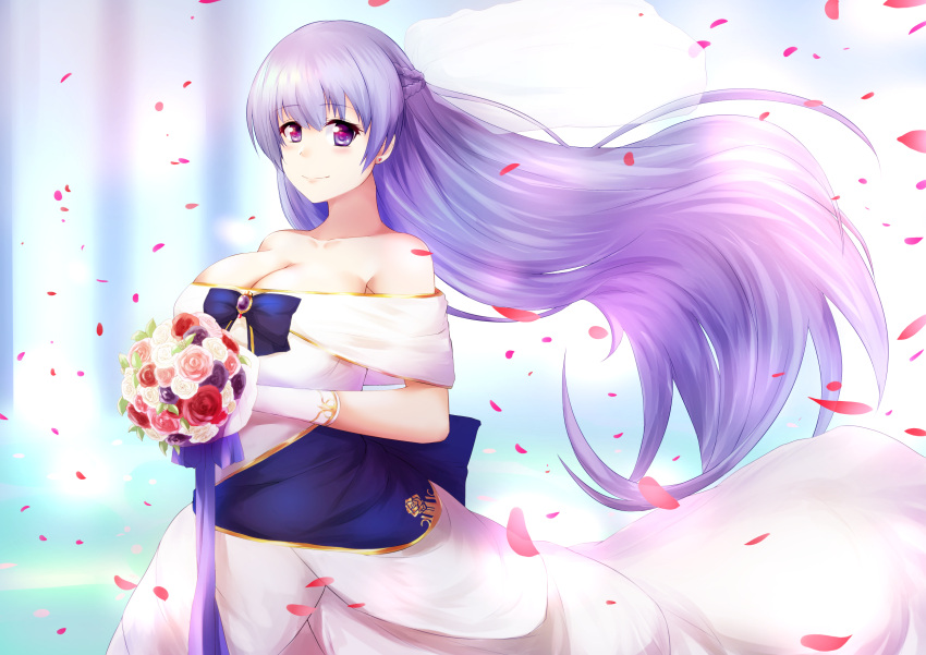 1girl azur_lane bare_shoulders blush bouquet braid breasts bridal_veil cleavage closed_mouth commentary_request dress earrings eyebrows_visible_through_hair floating_hair flower heart heart_earrings highres holding holding_bouquet ibara_azuki jewelry large_breasts lavender_hair long_hair looking_at_viewer petals rodney_(azur_lane) rose rose_petals smile solo veil very_long_hair violet_eyes wedding_dress