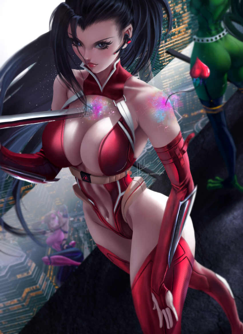 3girls absurdres arm_guards ass asui_tsuyu bangs bare_shoulders black_hair bodysuit boku_no_hero_academia breasts brown_hair building city cityscape cleavage commentary elbow_gloves english_commentary frog_girl gloves green_bodysuit grey_eyes highres hips hlulani large_breasts leotard looking_at_viewer multicolored multicolored_bodysuit multicolored_clothes multiple_girls navel older outdoors partly_fingerless_gloves ponytail red_bodysuit red_lips rooftop short_hair skin_tight skyscraper thigh-highs thighs uraraka_ochako yaoyorozu_momo