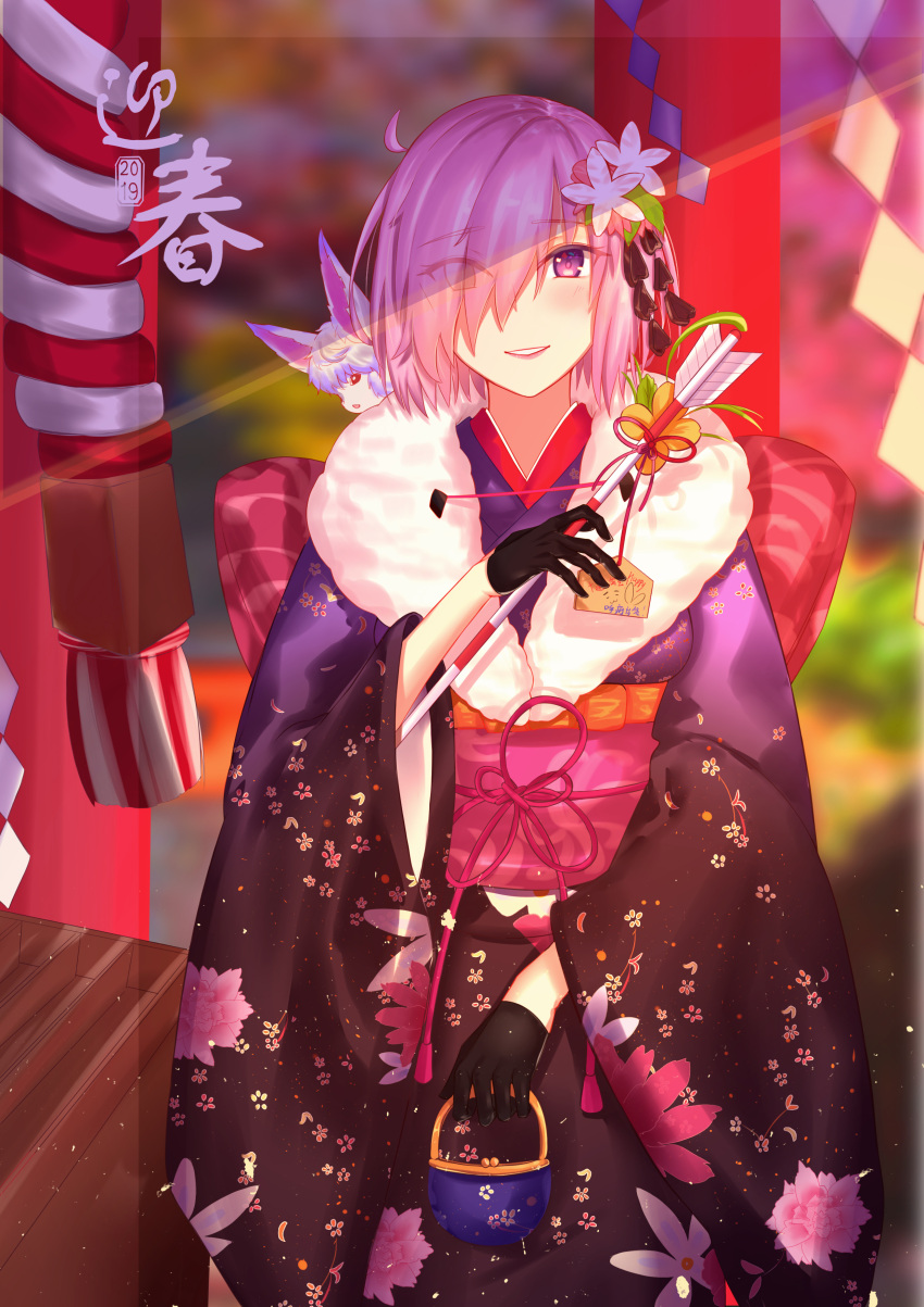 1girl absurdres animal animal_on_shoulder black_gloves eyebrows_visible_through_hair eyes_visible_through_hair fate/grand_order fate_(series) fou_(fate/grand_order) furisode gloves hair_over_one_eye highres holding japanese_clothes kimono looking_at_viewer mash_kyrielight obi outdoors parted_lips pink_hair red_ribbon ribbon sash short_hair smile solo standing violet_eyes xue_fengzi