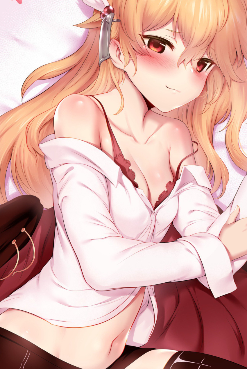 1girl :3 black_legwear blonde_hair blush bra breasts cleavage closed_mouth collarbone commentary_request ear_blush ester_fitz_clarence eyebrows_visible_through_hair fang_out hair_ornament highres light_smile long_hair long_sleeves looking_at_viewer lying m-da_s-tarou midriff miniskirt navel off_shoulder on_side pink_bra red_eyes skirt small_breasts solo strap_slip tanaka_the_wizard thigh-highs underwear
