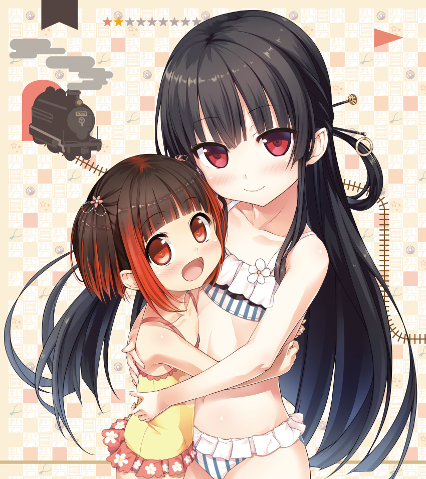 2girls absurdres bare_arms bare_shoulders bikini black_hair blush brown_hair casual_one-piece_swimsuit checkered checkered_background closed_mouth collarbone crossover cura emi_(monobeno) fanbox_reward fingernails flower frilled_bikini frills gradient_hair hachiroku_(maitetsu) hair_flower hair_ornament hair_rings head_tilt highres hug long_hair maitetsu monobeno multicolored_hair multiple_girls one-piece_swimsuit paid_reward pink_flower red_eyes redhead short_hair sidelocks smile star striped swimsuit tanezaki_atsumi twintails vertical-striped_bikini vertical_stripes very_long_hair white_bikini white_flower yellow_swimsuit