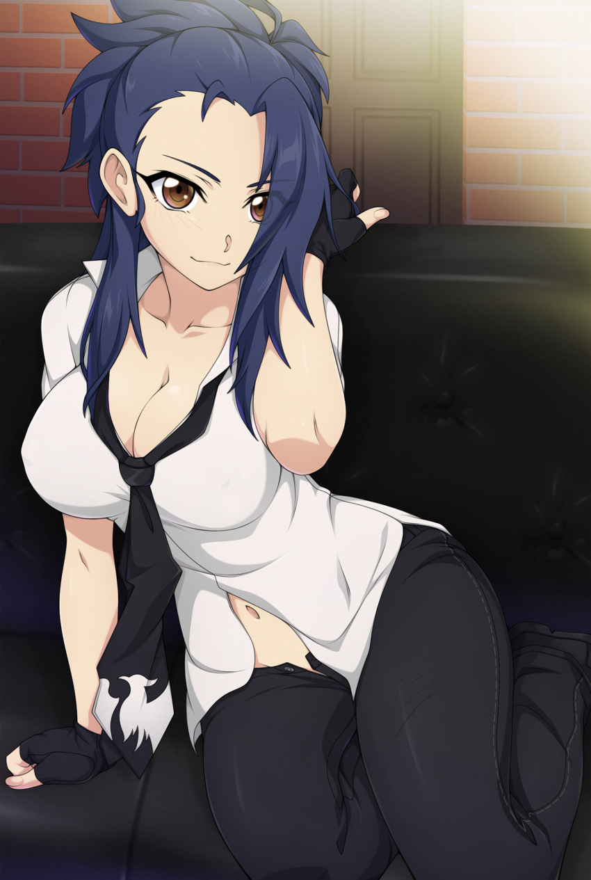 1girl black_gloves black_pants blue_hair blush borrowed_character breasts brown_eyes chuunioniika cleavage commentary commission couch english_commentary fingerless_gloves forehead gloves hair_over_one_eye highres large_breasts long_hair looking_at_viewer loose_necktie navel necktie open_fly original pants phuong_tran shirt short_sleeves sidelocks sitting smile solo white_shirt yokozuwari