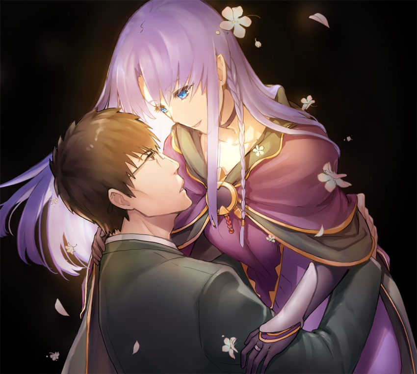 1boy 1girl black_background black_jacket blue_eyes brown_eyes brown_hair carrying caster choker collarbone couple dress eye_contact eyebrows_visible_through_hair fate/stay_night fate_(series) floating_hair glasses jacket jewelry kuzuki_souichirou long_hair long_sleeves looking_at_another parted_lips purple_capelet purple_dress purple_hair ring simple_background smile touyama_sabu very_long_hair wedding_ring