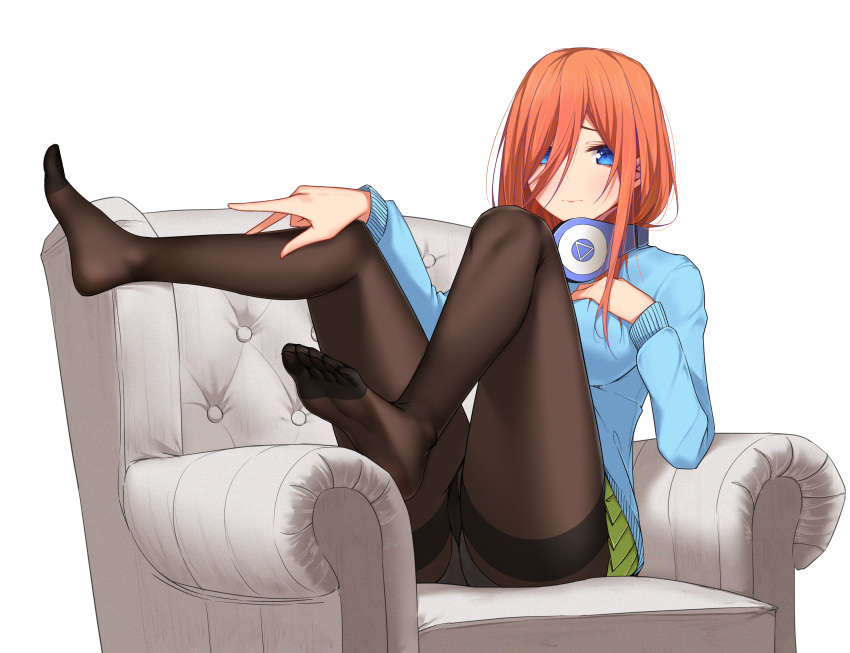 1girl 3: absurdres armchair black_legwear blue_cardigan blue_eyes blush breasts chair closed_mouth commentary feet frown full_body go-toubun_no_hanayome green_skirt gusset hair_over_one_eye hand_on_own_chest headphones headphones_around_neck highres legs_apart long_hair long_sleeves medium_breasts miniskirt nakano_miku panties panties_under_pantyhose pantyhose pleated_skirt qingchen_(694757286) redhead school_uniform simple_background sitting skirt soles solo thighband_pantyhose underwear white_background white_panties