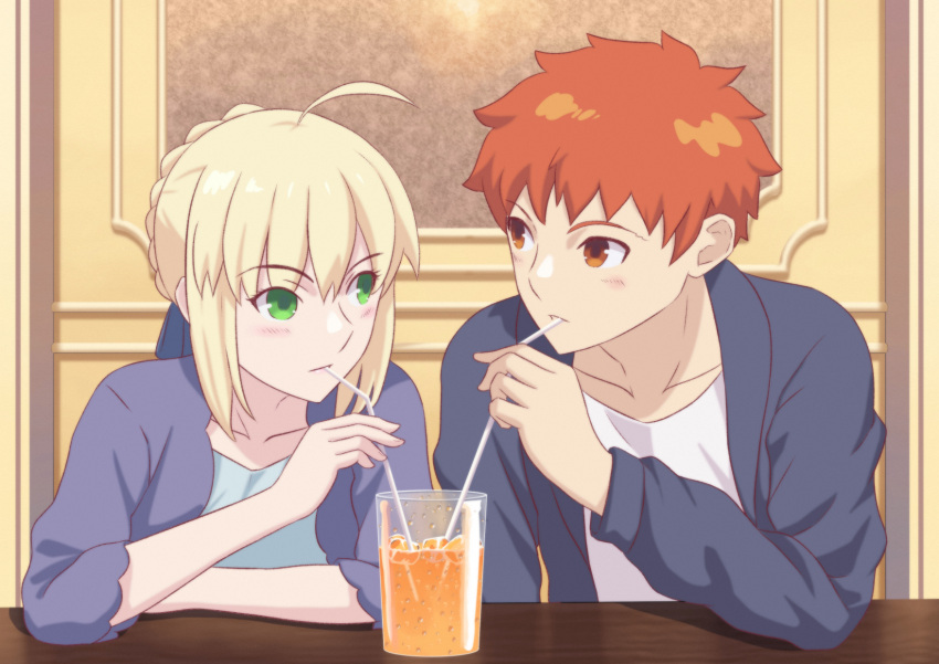 1boy 1girl ahoge artoria_pendragon_(all) black_jacket blonde_hair blue_ribbon blue_shirt blush braided_bun brown_eyes brown_hair collarbone couple dating drinking_straw emiya_shirou eye_contact eyebrows_visible_through_hair fate/stay_night fate_(series) fateline_alpha glass green_eyes hair_ribbon highres indoors jacket leaning_forward looking_at_another open_clothes open_jacket ribbon saber shiny shiny_hair shirt sidelocks spiky_hair upper_body white_shirt