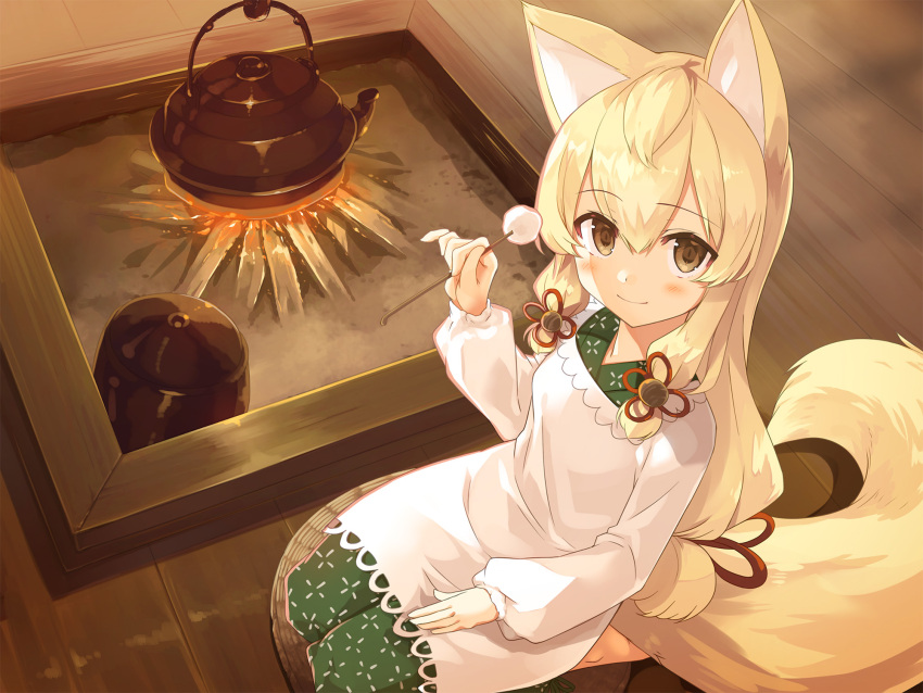 1girl animal_ears apron bangs blonde_hair blush brown_eyes burning closed_mouth copyright_request cura eyebrows_visible_through_hair fire firewood fox_ears fox_girl fox_tail from_above green_kimono hair_between_eyes hair_ribbon hand_up highres holding indoors japanese_clothes kappougi kimono lap_pillow_invitation long_hair long_sleeves looking_at_viewer looking_up mimikaki non-web_source puffy_long_sleeves puffy_sleeves red_ribbon ribbon seiza sitting smile solo tail teapot very_long_hair white_apron wooden_floor