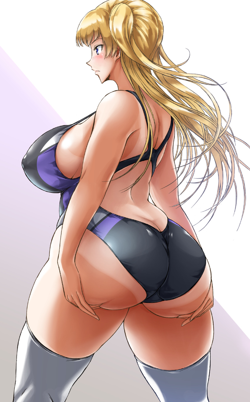 1girl arm_support ass bare_shoulders blonde_hair blue_eyes breasts butt_crack commentary_request competition_swimsuit covered_nipples curvy from_behind highres huge_ass large_breasts long_hair one-piece_swimsuit original pink_background plump shiina_nami solo swimsuit tan tanline thick_thighs thigh-highs thighs twintails white_background white_legwear